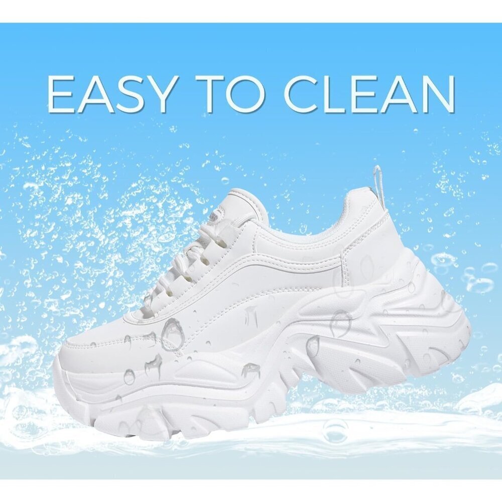 Women's White Chunky Rubber Platform Casual Lace-Up Walking Sneaker Shoes - Picture 2 of 9